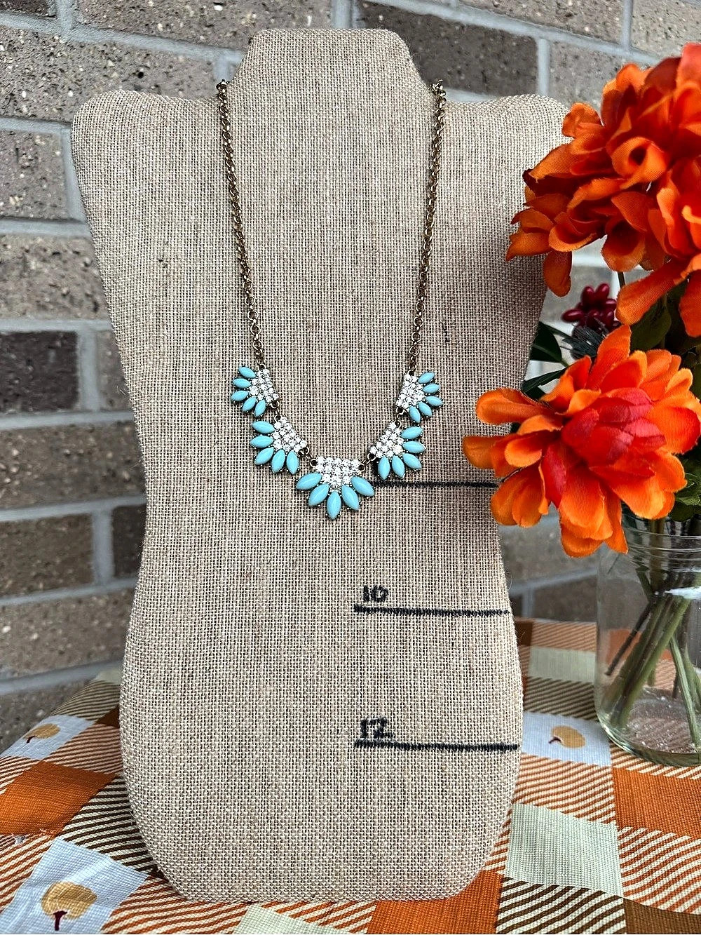 NWT Arizona Jean Co Turquoise Blue Rhinestone Gold Tone Statement Necklace